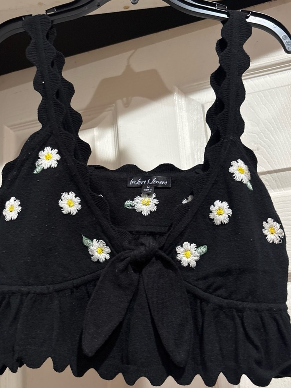 For Love And Lemons Black Daisy Embroidered Tie-Front Crop Top